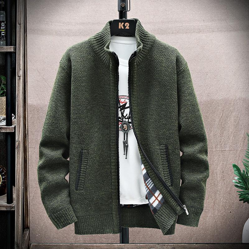 Velvet Thickened Full-Zip Cardigan Sweater with Stand Collar - Large Size, Perfect for Autumn and Winter Warmth