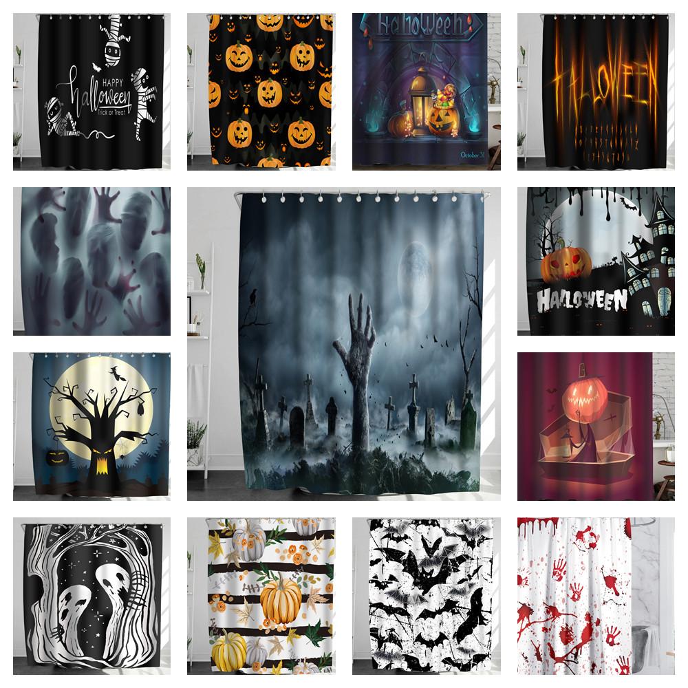 Horrific Shower Curtains Halloween 3D Print Fabric Pastel Waterproof Bathroom Curtain Pumpkin Bat Print Home Decor with Hooks