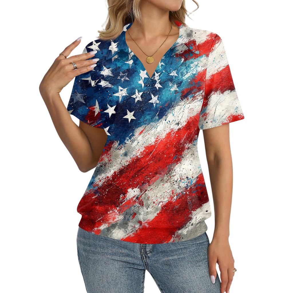 Women's Casual Short Sleeve V Neck Top with Independence Day Print Relaxed Fit Lightweight Blouse for Everyday Wear