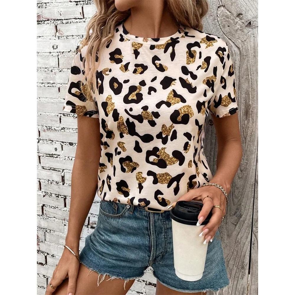3D Leopard Print and Lipstick Print Short-sleeved Top Summer Casual Everyday Women's T-shirt Urban Street Fashion Women's Y2K