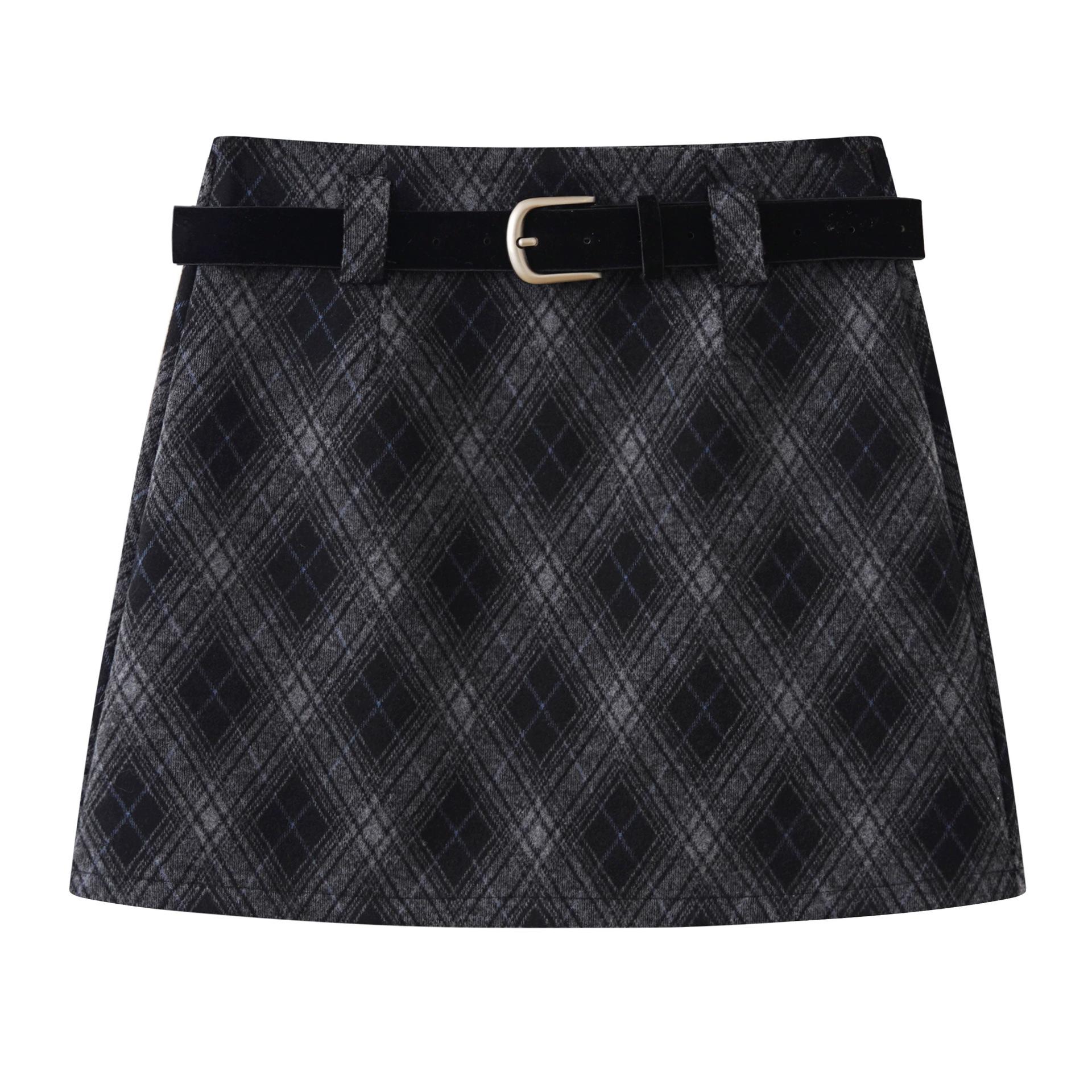 

Coffee Plaid Wool Midi Skirt: Large Hem, Petite-Friendly, Retro A-Line Design XL темно-сірий