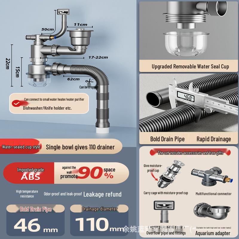 Anti-Clogging & Odor-Resistant Kitchen Sink Drain Pipe for Vegetable Washing Basin (Single/Double Bowl)