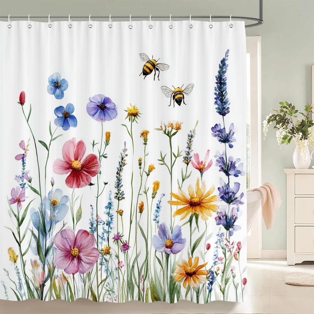 Beautiful Flowers Butterfly Shower Curtain Blue Floral Printed Bathroom Bath Curtain Home Decoration Curtain With Hooks
