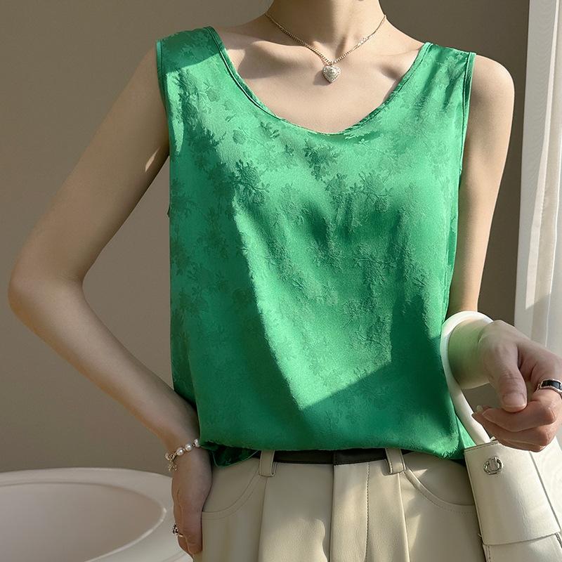 

Атласный топ-майка на бретелях с круглым вырезом из уксусной кислоты для женщин для летней носки для костюмов и свободная базовая майка без рукавов S