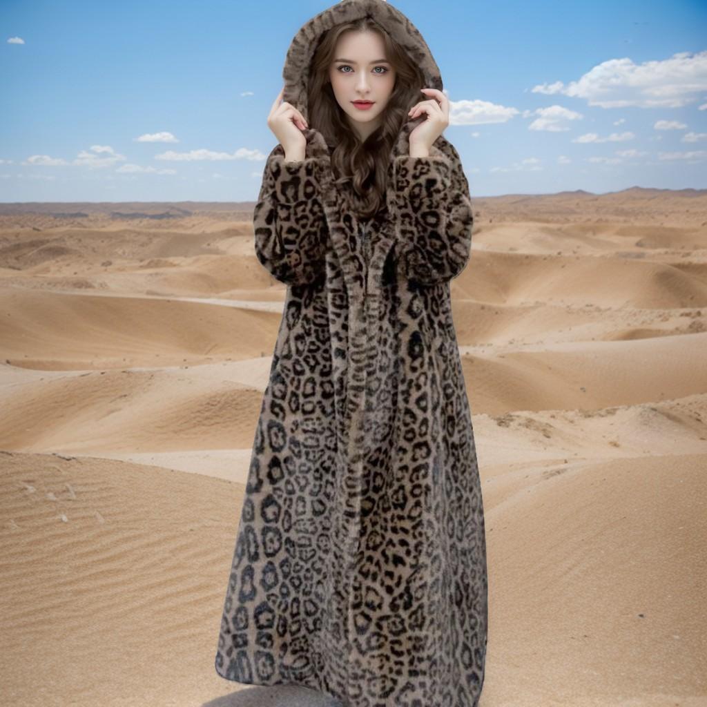 Autumn and winter new hooded environmentally friendly fluffy imitation mink fur leopard print plus long knee loose fashion coat