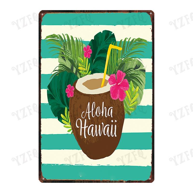 Vintage Hawaii City Painting with Hula Dancers  Metal Travel Tin Sign for Wall Decor In Pubs Cafes and Homes  Beach Metal Pla