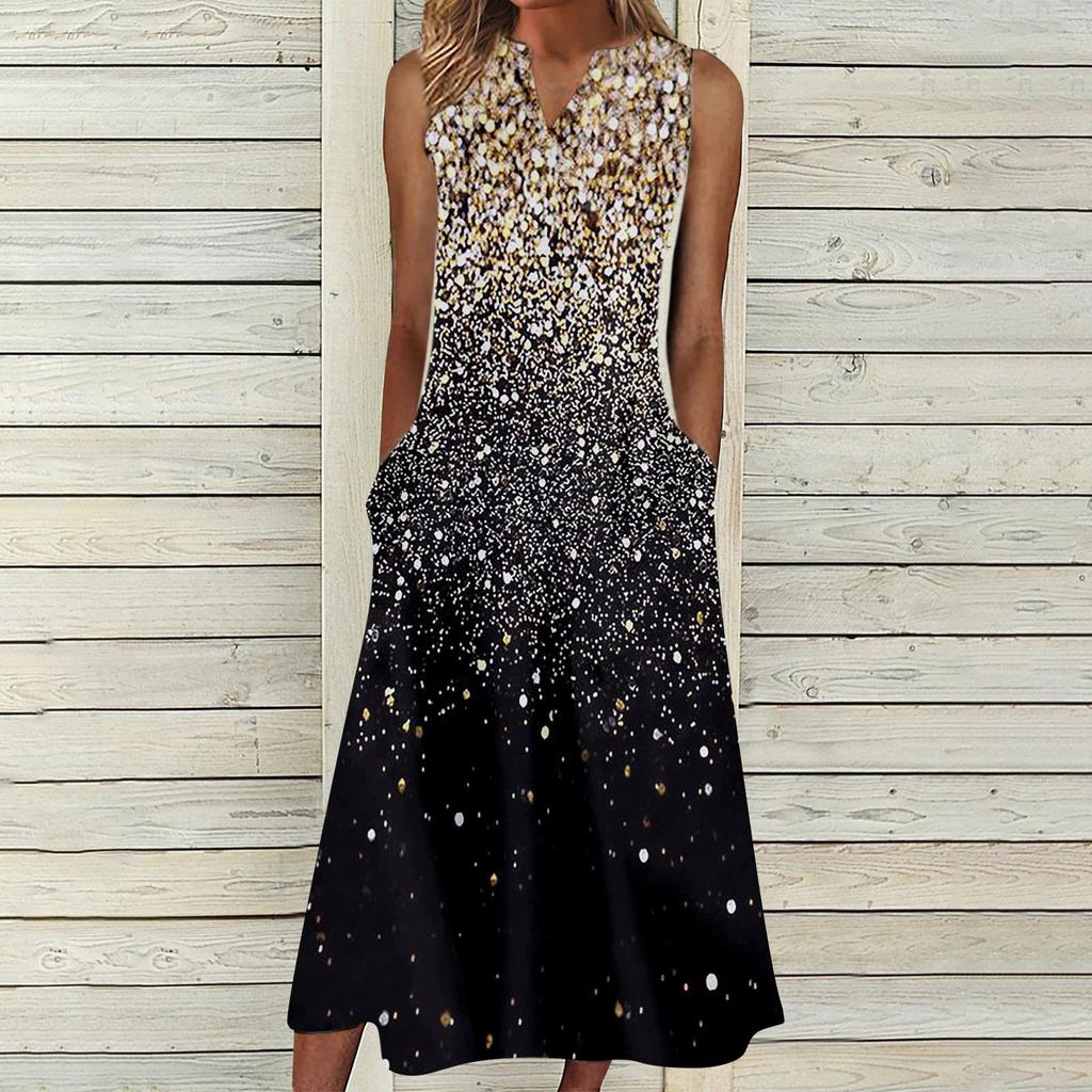 Women's Summer Casual Fashion Printed Sleeveless V-Neck Pocket Dress