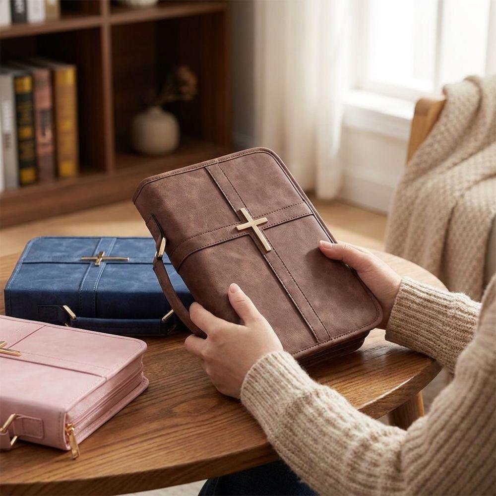 Cross-themed Vegan Leather Bible Cover with Phone Pocket Dust-proof PU Leather Bible Bag Built-in Bookmark Ribbon