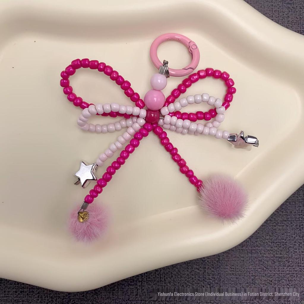 Autumn Winter Fluffy Bow Phone Chain with Beaded Lanyard for Universal Phone and Camera Cases