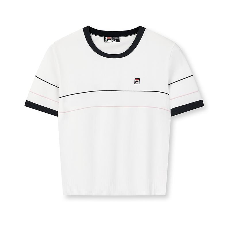 

FILA Heritage Fashion Classic Simple Retro Striped Casual Round Neck Short Sleeve Knit Sweater Women tops Standard-White F11W628416FWT M
