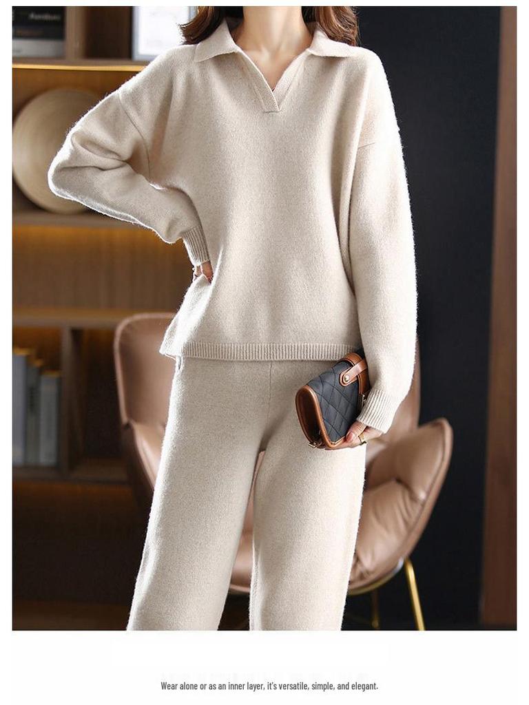 Set din două piese de toamnă/iarnă pentru femei, stil european: Pantaloni cu picior larg și tricotaje pulover