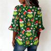Women's Casual Christmas Print Button Front Top with Lace Sleeves