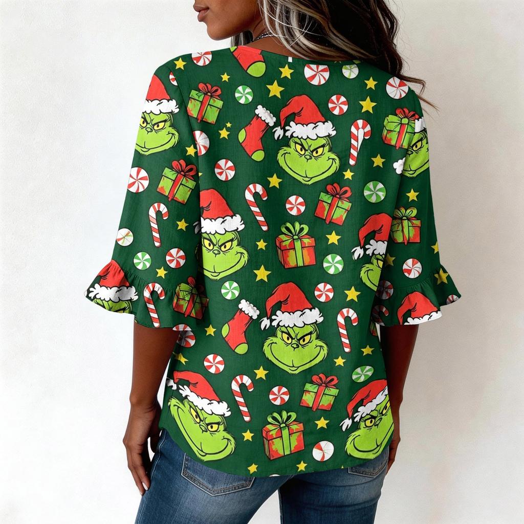 Women's Casual Christmas Print Button Front Top with Lace Sleeves