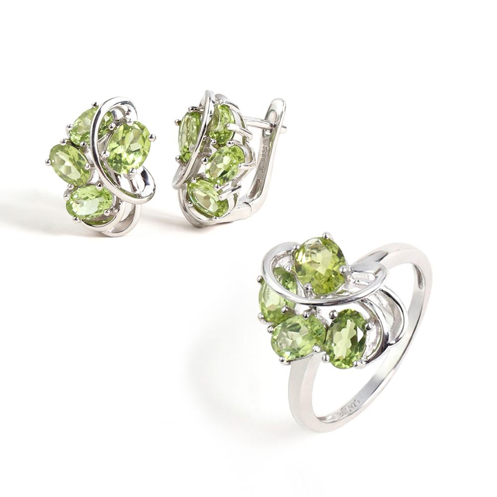 

Застежка-кольцо из серебра S925, серьги с дизайном шелковой ленты, набор с натуральными зелеными перидотами, изысканные ювелирные изделия для женщин, банкетный подарок US RING SIZE:9# зелёный