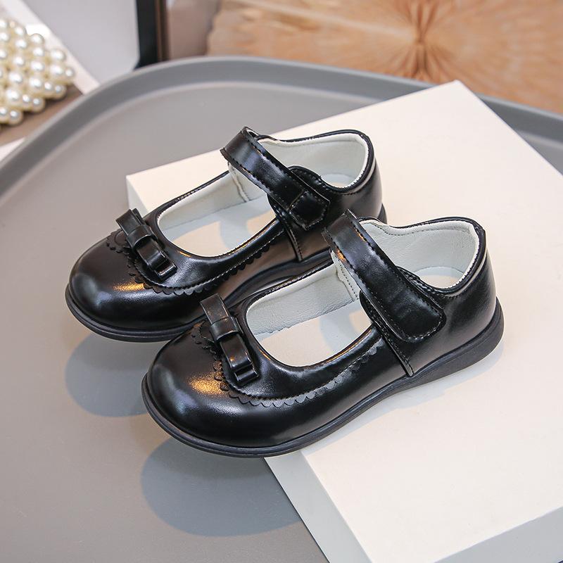 Girls Leather Shoes Black Simple Bows Students School Shoes Non-slip Soft Sole 2025 Fashion Children Performance Shoes Hook&loop