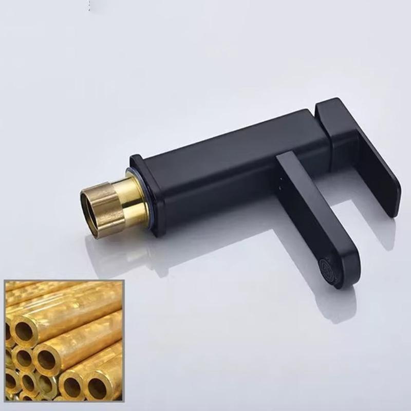 Square Bathroom Sink Faucet Modern Black Finish Single Handle Mixer Tap Hot Cold Water Control Corrosions Resistant