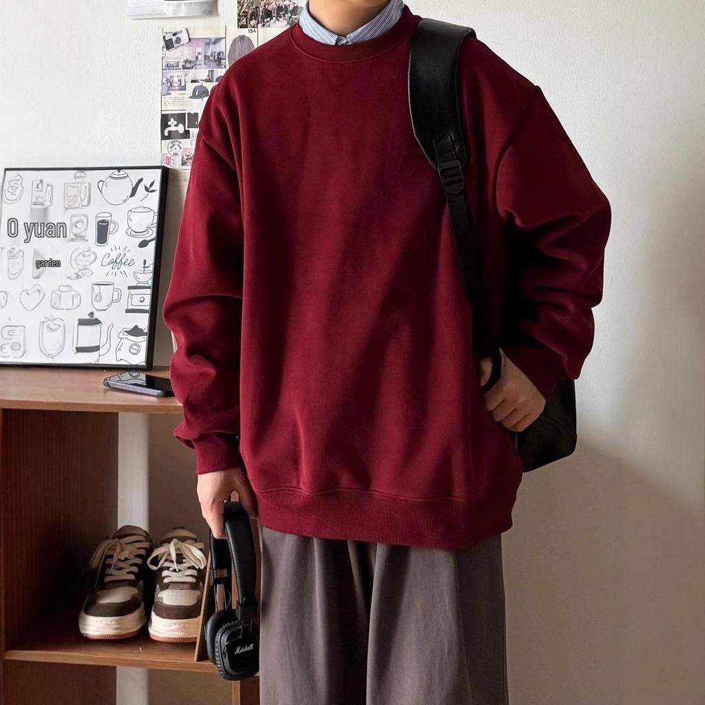 Unisex Wine Red Thick Warm Round Neck Long Sleeve Hoodie