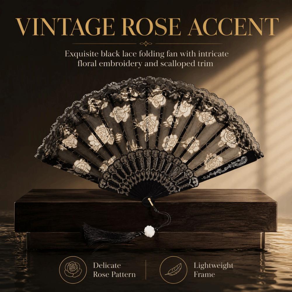 4pcs Black Hand Fan Plastic Frame Rose Lace Fan New Handheld Fan Wedding Dancing Costume Events