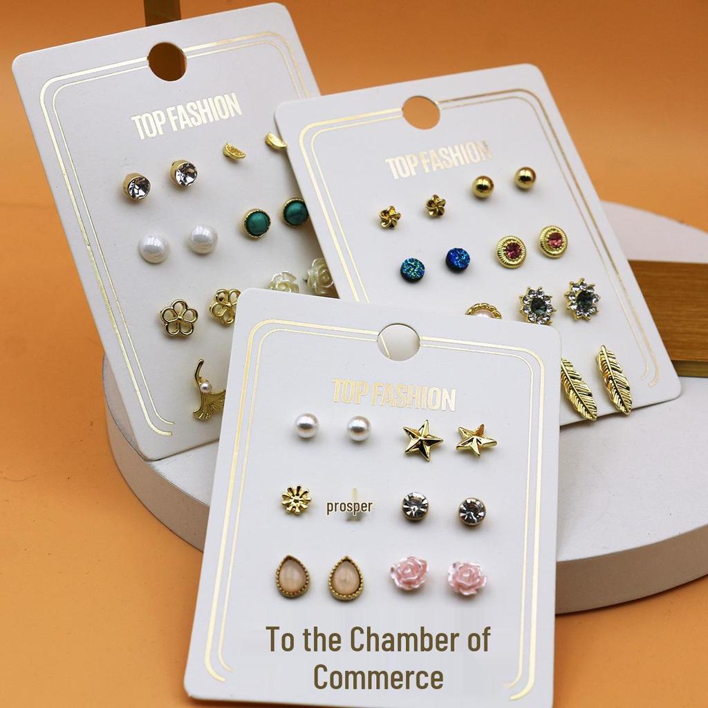 8-Pair Gold-Plated Rhinestone Alloy Ear Stud Set - Eco-Friendly, Versatile, Personality Trend Women's Earrings