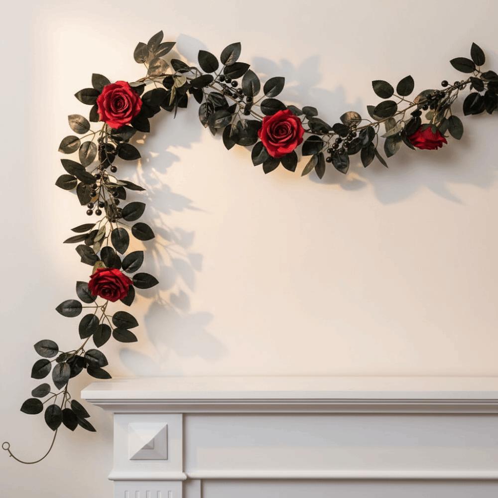 Reusable Artificial Black Rose Vine Flexible Spooky Gothic Wreath Staircase Handrail