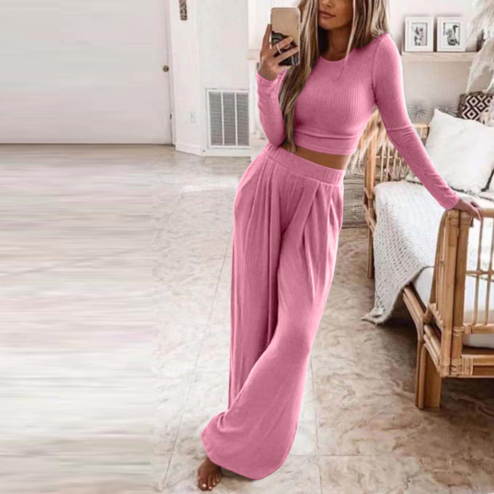 

2025 Autumn/Winter European & American Women s Solid Knit Casual Home Two-Piece Set Triple Extra Large розовый