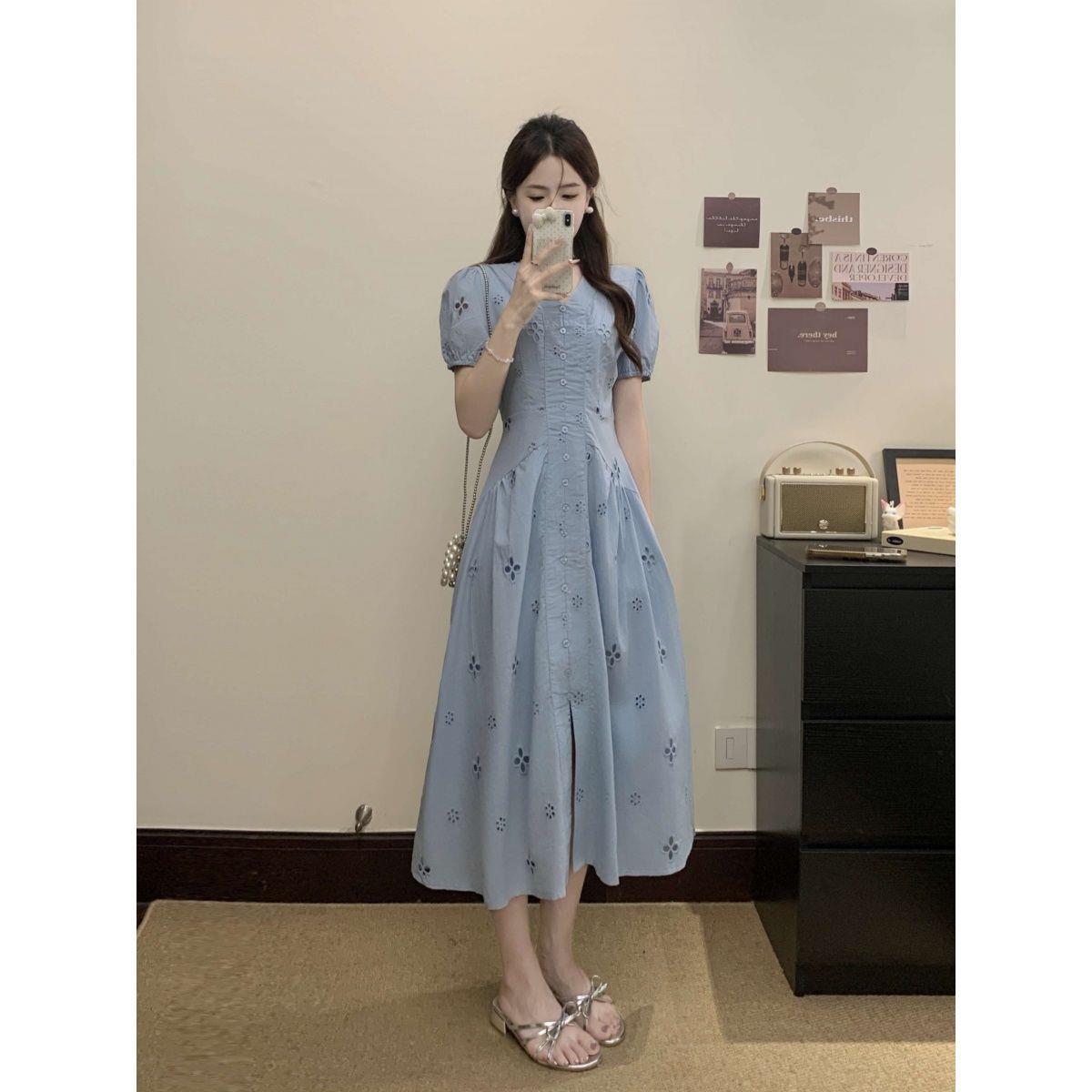 2026 Summer Plus Size A-Line V-Neck Dress with Hollow Design - Slimming Short Sleeve 4XL (suggested 170-190 jin)