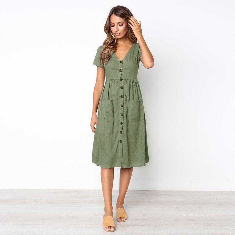 Nrj 2020 Hot Sale V-neck Button-up Short Sleeve Women's Dress With Pockets
