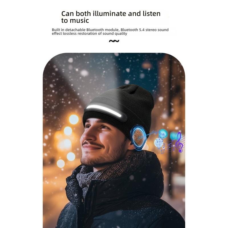 Wireless Bluetooth 5.4 Music Beanie Hat with LED Headlight, IPX5 Waterproof Stereo Headphones for Outdoor Sports