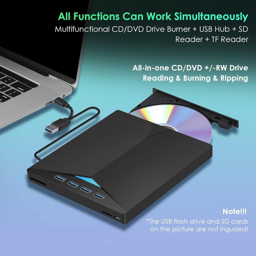 7-in-1 USB 3.0 TypeC External CD DVD RW Optical Drive High-Speed Plug-and-Play for Windows 11/10/8/7/Linux/ OS