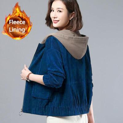 Damen-Cordjacke, Winter, Frühling, Herbst, Übergröße, lockere Fleece-Kapuzenjacke, kurz