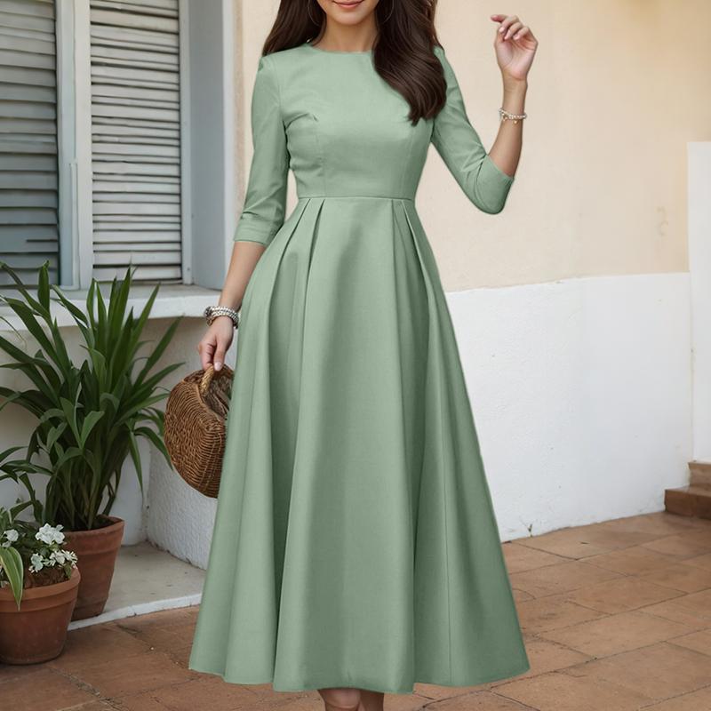 ZANZEA Women Casual Round Neck Solid Color 3/4 Sleeve Long Dress