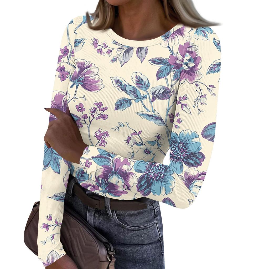 Women Casual Long Sleeve Crewneck Floral Print Ribbed Top Lightweight Pullover Loose Fit Soft Breathable Shirt for Daily Wear