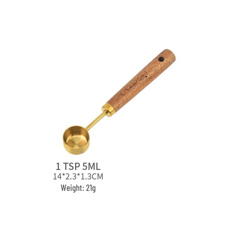 Gold-Plated Stainless Steel Measuring Cups & Spoons Set with Acacia Wood Handles – 8 Pieces