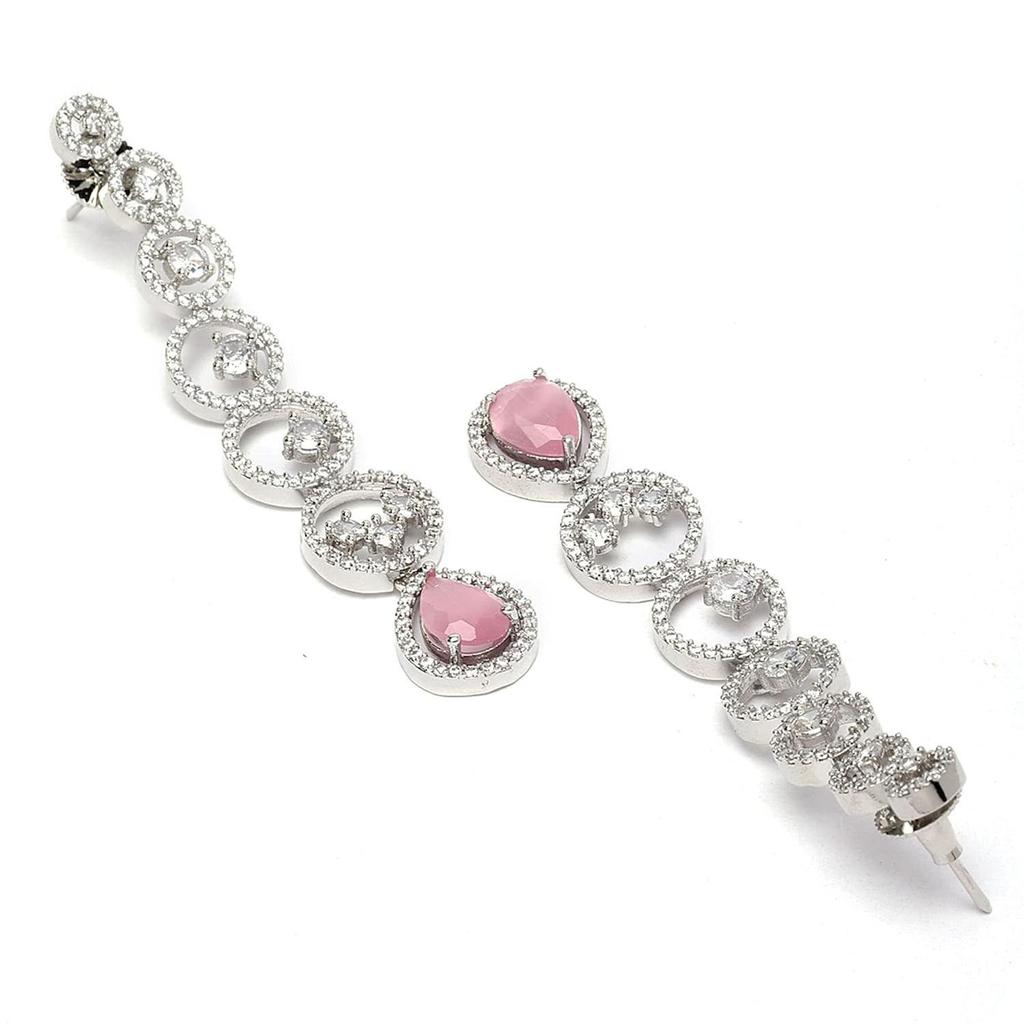 Oxidised Silver-Plated American Diamond Studded Circular Shaped Drop Earrings for Girls and Women