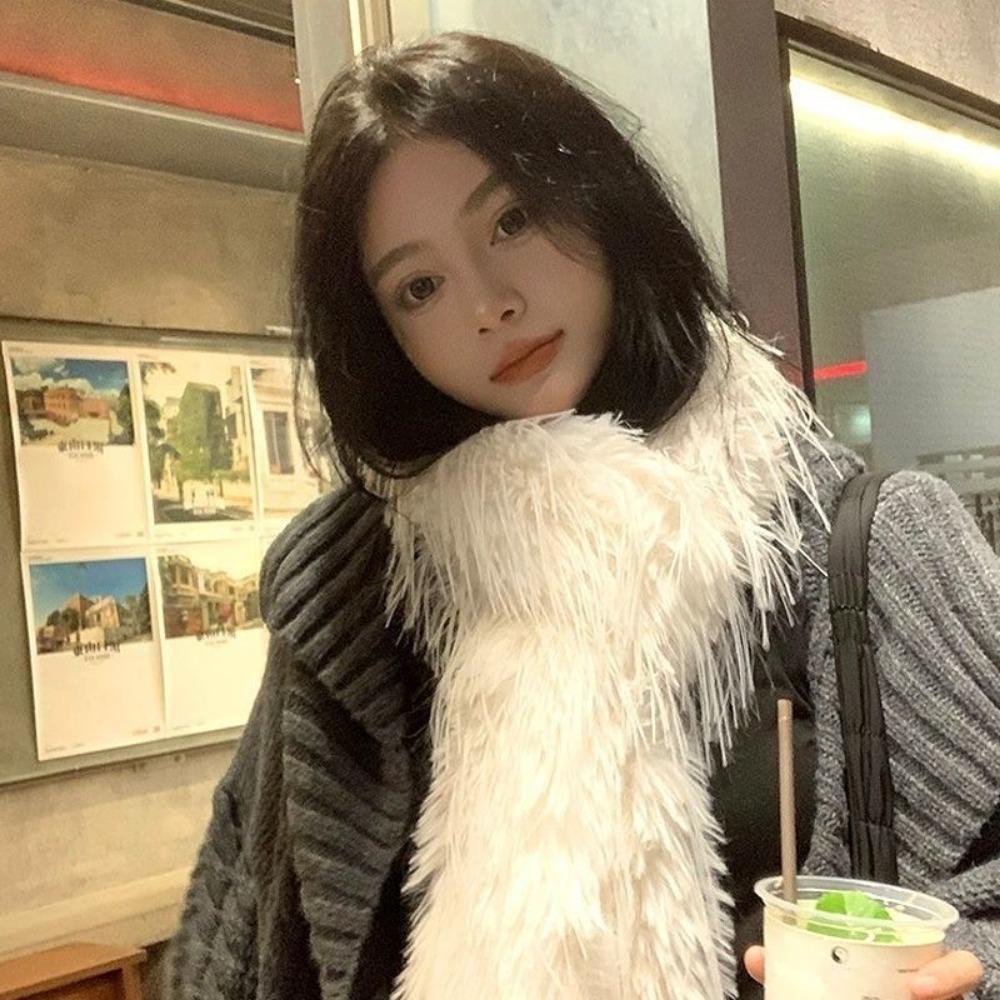 Super Dlouhý Plyšový Šátek z Imitace Kožešiny s Třásněmi Zimní Móda s Dopaminovým Plyšovým Peřím Nový Šátek