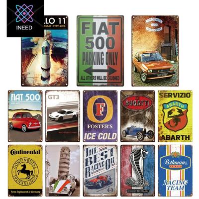 INEED Metallskyltar med Klassiska Bilar Väggdekor Klassisk Fiat 500 Affisch Plakett Vintage Järnmålning Dekoration för Garage Hem