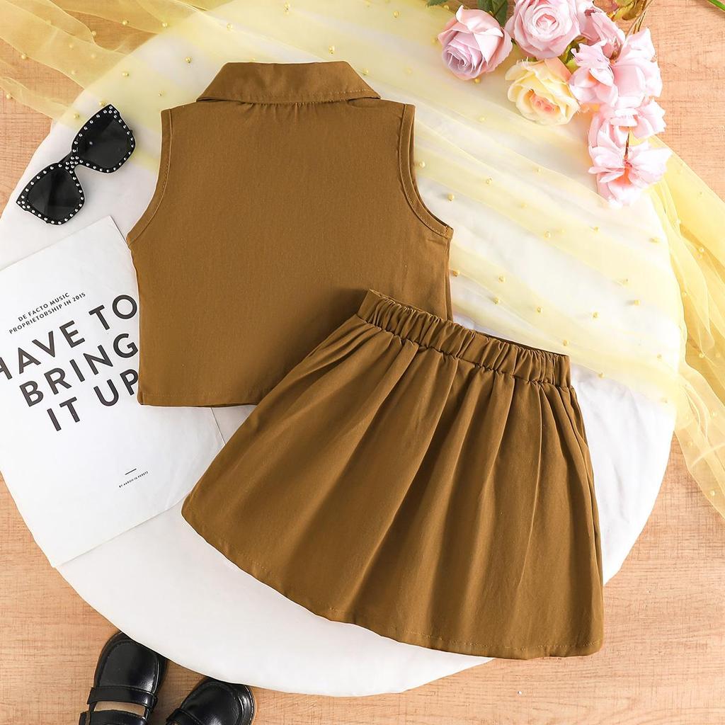 Girls' Pink Vest & Pleated Skirt 2Pcs Casual Outfit