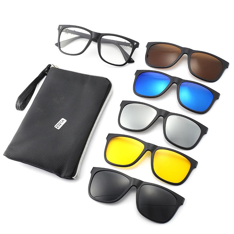 TR90 5-Piece Magnetic Clip-On Polarized Sunglasses Set with Pouch for Men & Women