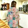 Women's Three-Quarter Sleeve Hooded Pullover Top with Patchwork Print for Casual Wear