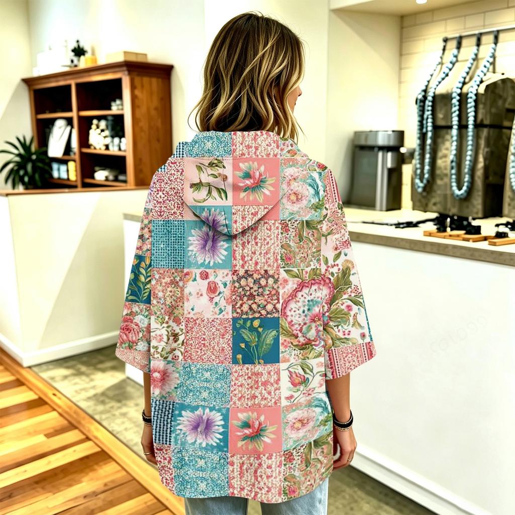 Women's Three-Quarter Sleeve Hooded Pullover Top with Patchwork Print for Casual Wear