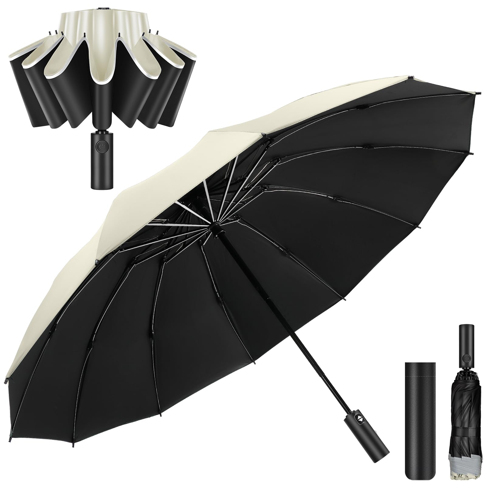 

Moon River Складной С обратным складыванием Автоматическое открытие и закрытие одной кнопкой 12 Спиц Тайфунный Дождливый сезон Для солнечной и дождливой погоды УФ-защита УФ Легкий Светоотражающий бежевый