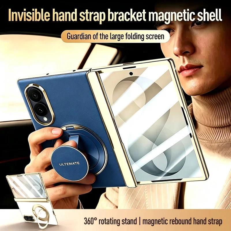 Supporto Magnetico Metallico con Cinturino da Polso Custodia per Telefono 2-in-1 per Samsung Galaxy Z Fold 8 Fold8 Ultra Copertura Anteriore in Pelle Schermo in Vetro