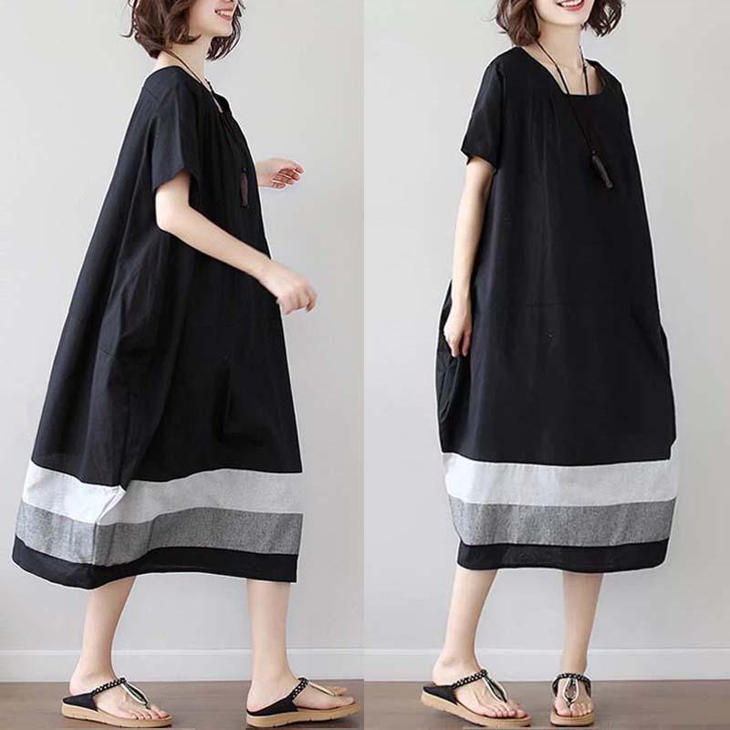 Real Summer New Korean Version Large Size Loose Splicing Striped Cotton and Linen Short-sleeved Dress Women's Clothing Medium and Long
