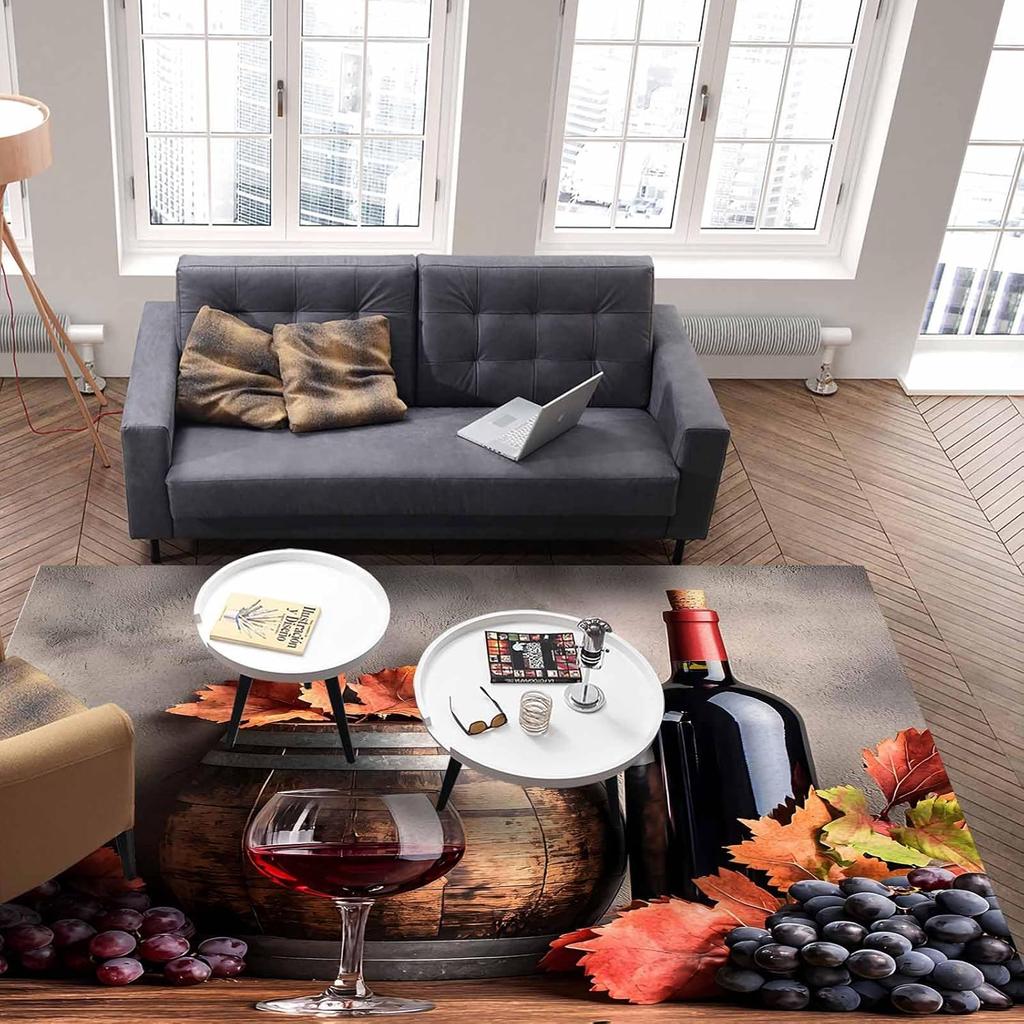 Grape Wine Washable Area Rugs Barrel Maple Leaf Vintage Country Non Slip Rugs for Living Room Bedroom, Low Pile Floor Mat Large