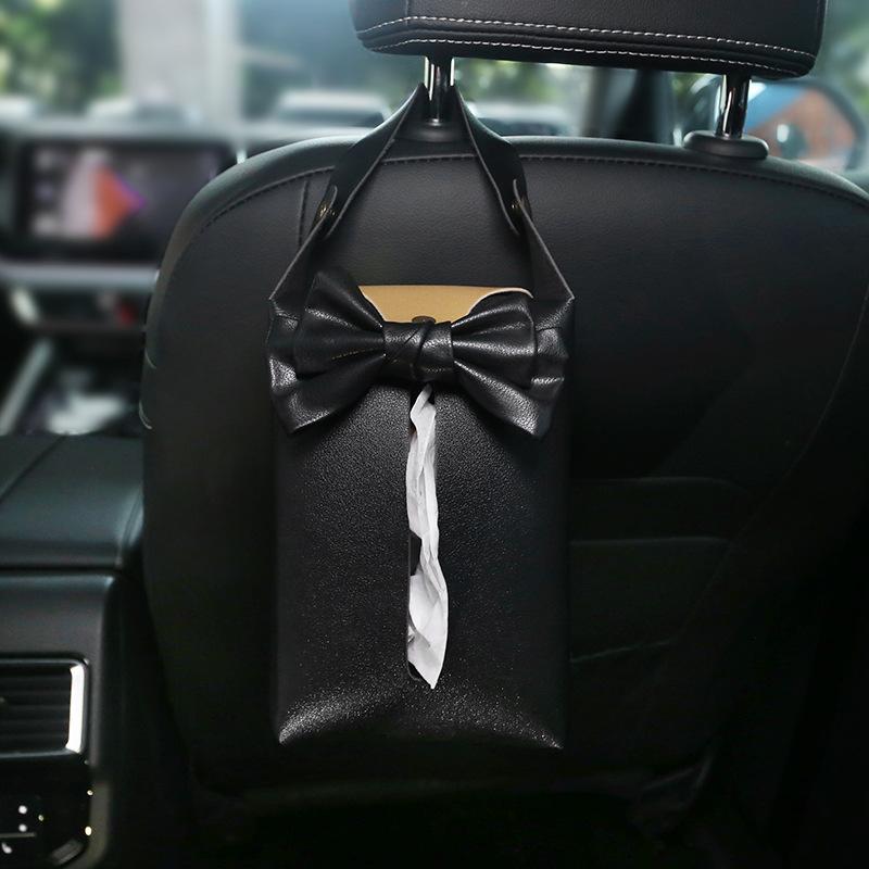 Car Seat Back Tissue Storage Box Holder For Women Pu Leather Bowknot Auto Backseat Hanging Paper Tower Organizer Napkin Pocket