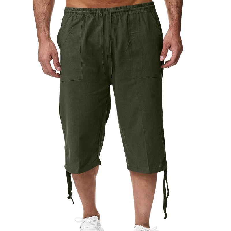 (Qunide) Men'S Loose Cotton And Linen Pants Beach Casual Sports Pants Solid Color Seven Points Cotton And Linen Shorts