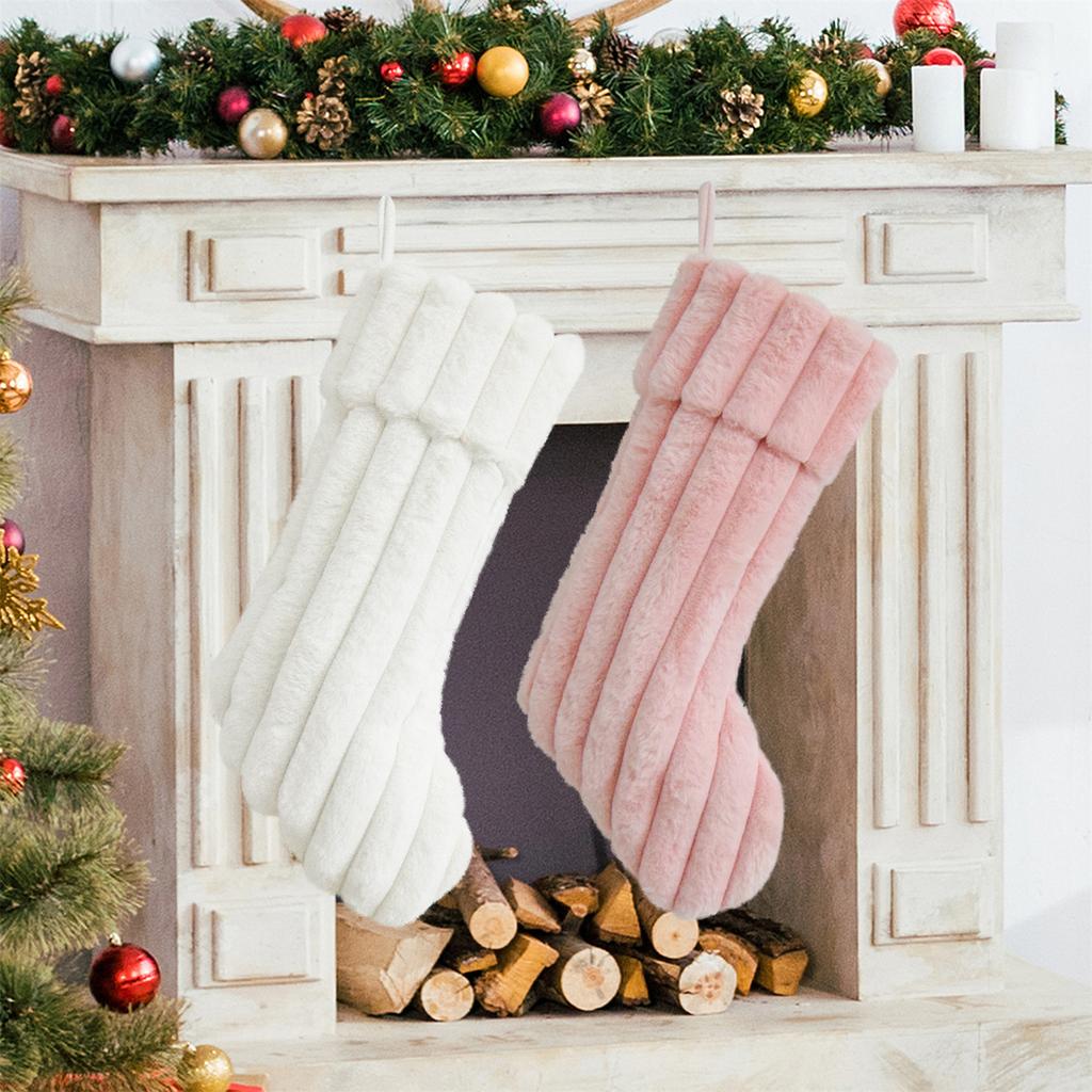 Plush Christmas Stocking Soft Faux Fur Vertical Channel Design Hanging Loop Holiday Decoration for Home Fireplace Mantel