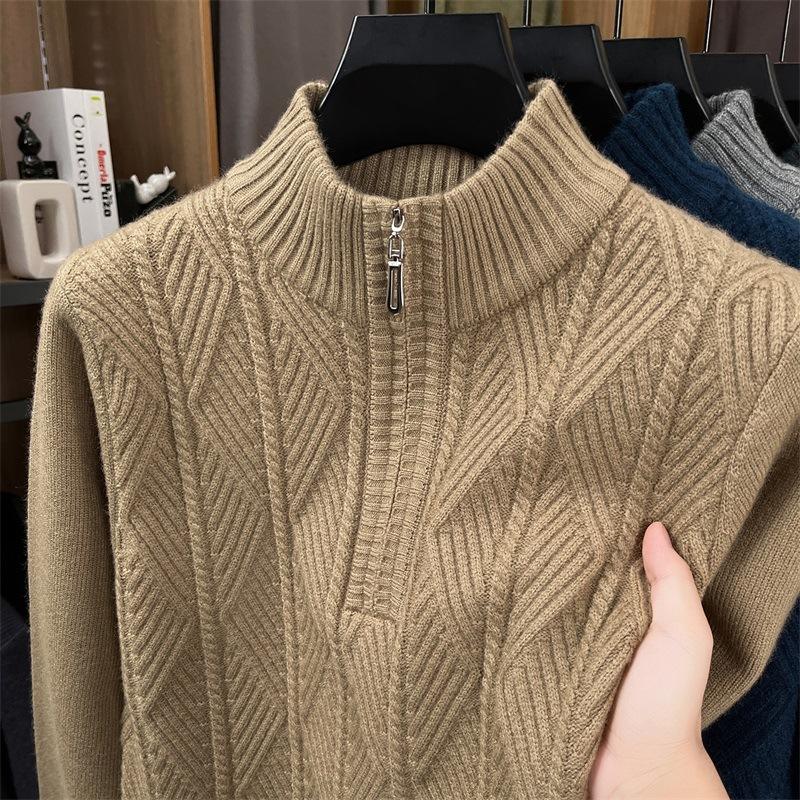 Mens Half Zip Thickened Pullover Knit Sweater Business Casual Warm Winter Bottoming Top