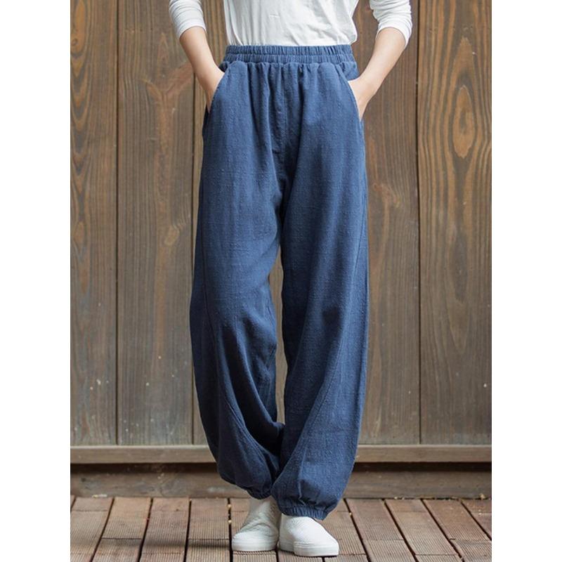 Johnature Damen-Hose aus Leinen mit weitem Bein, 8 Farben, Vintage, elastische Taille, Frühlingshosentaschen, lockere, lässige lange Damenhose
