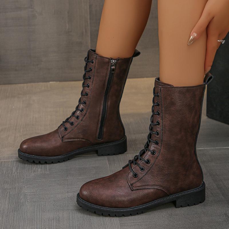 Martin boots women's autumn and winter new round head front lace-up short boots medium tube European and American knight boots